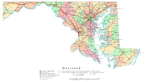 laminated map large detailed administrative map  maryland state  roads highways