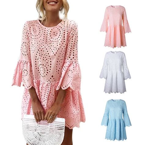 summer women sexy mini dress 3 4 sleeves ruffles hollow out lady casual