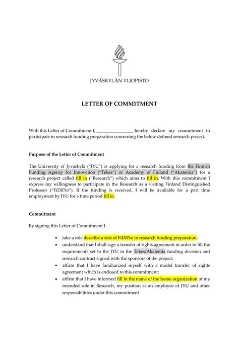 letter  commitment template sample design layout templates