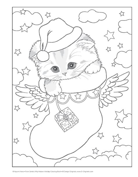 coloring page   angel cat wearing  santa hat  holding