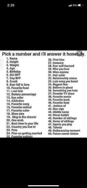 226 5ge pick a number and i ll answer it honestly 1 name 2 height 3
