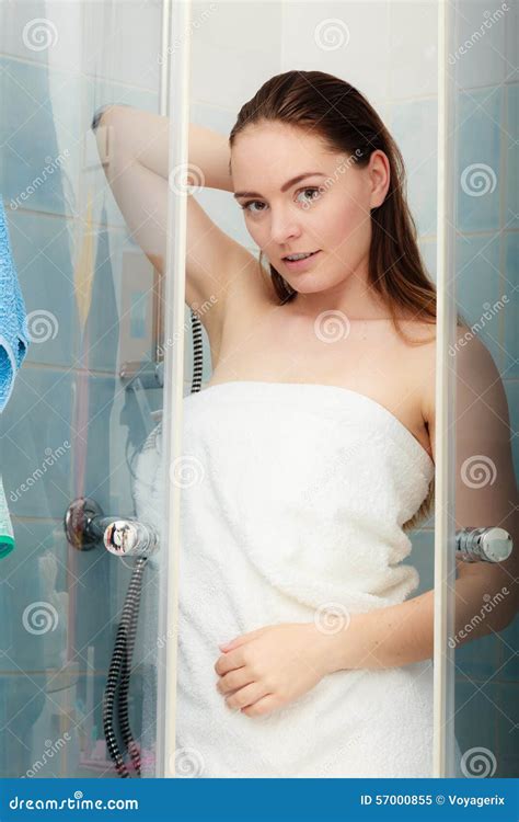 Woman Showering In Shower Cabin Cubicle Stock Image Image Of