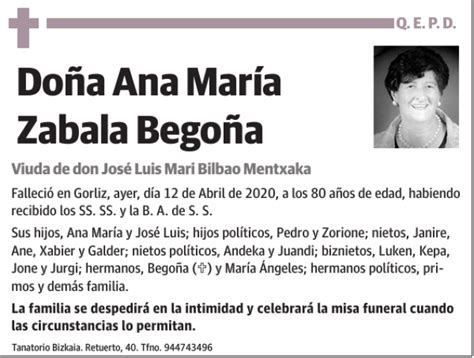 Ana María Zabala Begoña Esquela Necrológica El Correo