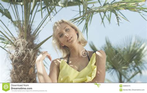 Close Up Of Beautiful Caucasian Girl Posing On Tropical
