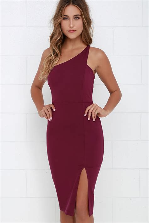 sexy burgundy dress midi dress one shoulder dress bodycon dress
