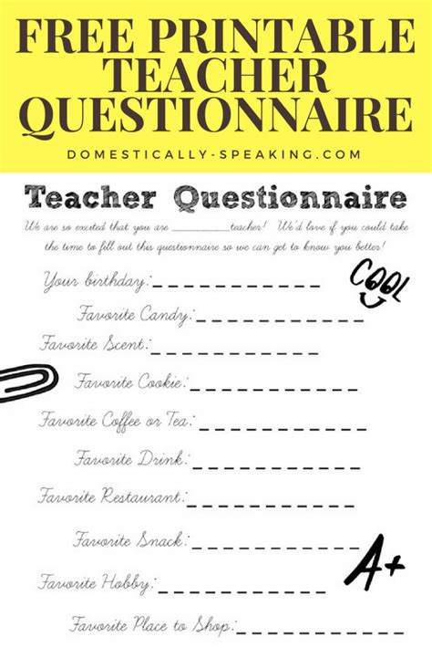 teacher gift questionnaire printable domestically speaking