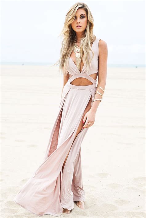layla cutout high slit maxi dress taupe haute and rebellious