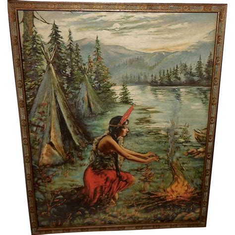 Indian Maiden In Red Warming By Fire Native American