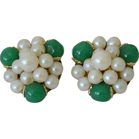 Japan Faux Pearl And Green Jade Beads Clip Earrings From Nansclassics