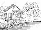 Lake House Coloring Vector Sketch Landscape Small Graphic Illustration Printable Tags sketch template