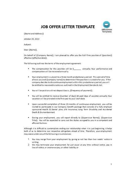 sample job offer letter templates  allbusinesstemplatescom