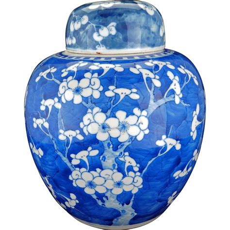 large chinese porcelain blue  white prunus  cracked ice design  bearraven  ruby lane