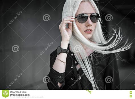 stylish blonde girl in sunglasses outdoors stock image image of