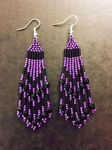 purple  black fringe earrings seed bead earrings long earrings