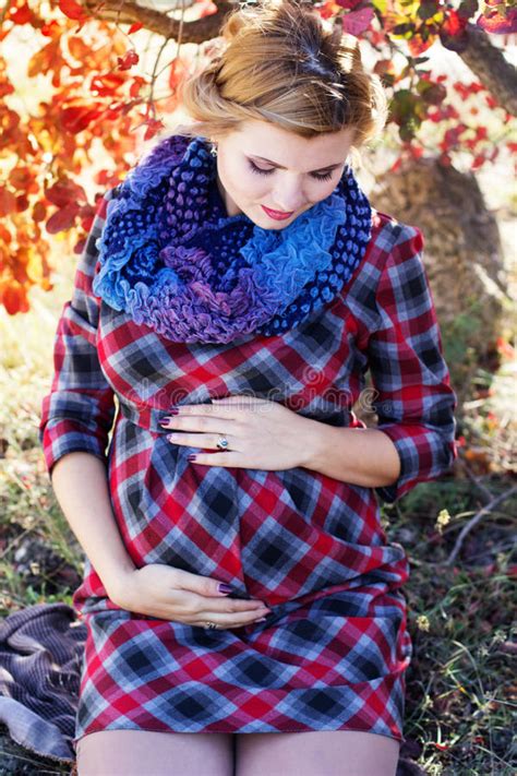 Pregnant Girl Is Wearing Checkered Dress In Park Stock Image Image Of