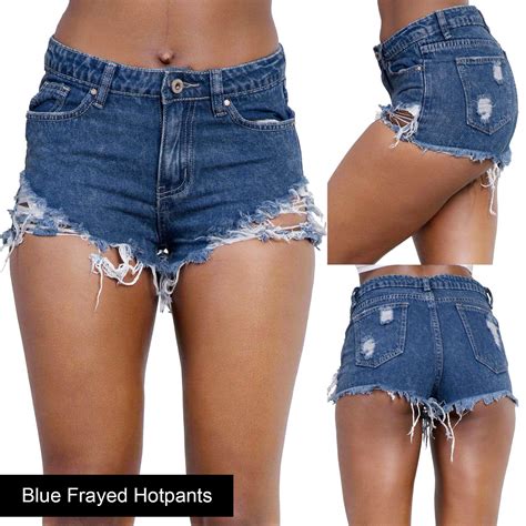 New Ladies Womens Blue Denim Shorts High Waisted Ripped