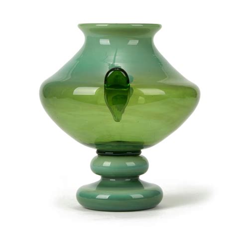 Murano Twin Handled Green Art Glass Pedestal Vase 20th