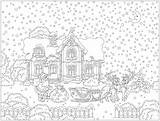 Santa Reindeer Claus Coloring House Pages Christmas Sled His Snow Sky Drawing Front Adults Beautiful Adult sketch template