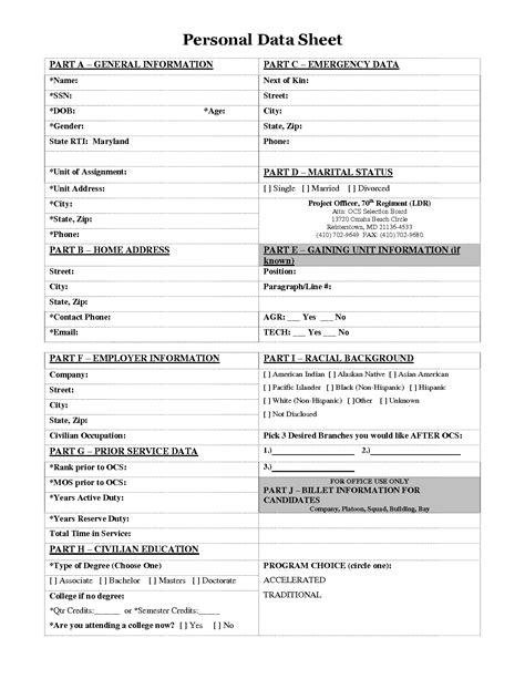 personal information sheet  printable documents data sheets