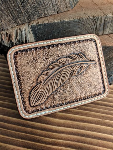 hand tooled leather front pocket wallet  feather design slim