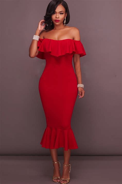 Red Off Shoulder Ruffled Sexy Mermaid Midi Party Dress