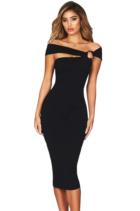 Black Elegant Off Shoulder Bodycon Midi Dress Midi Dress Bodycon