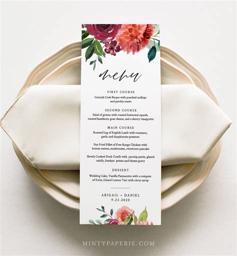 wedding menu card template dinner menu summer orange floral menu card printable  editable