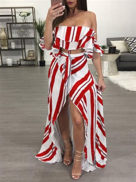 Ruffled Off Shoulder Stripes Cropped Two Pieces Dress Maxi Dress With