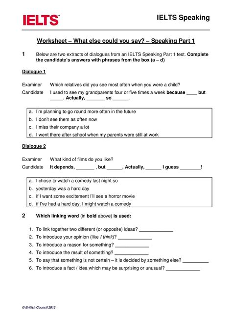 worksheet what else could you say speaking part 1 ielts writing