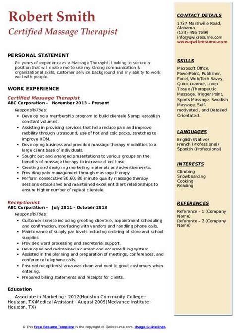 Massage Therapy Sample Massage Therapist Resume Master Of Template