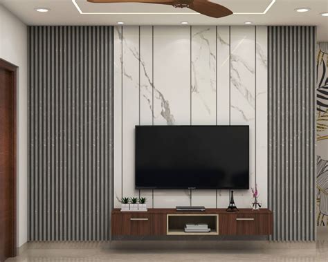 compact tv unit design  white marble backdrop  grey panels