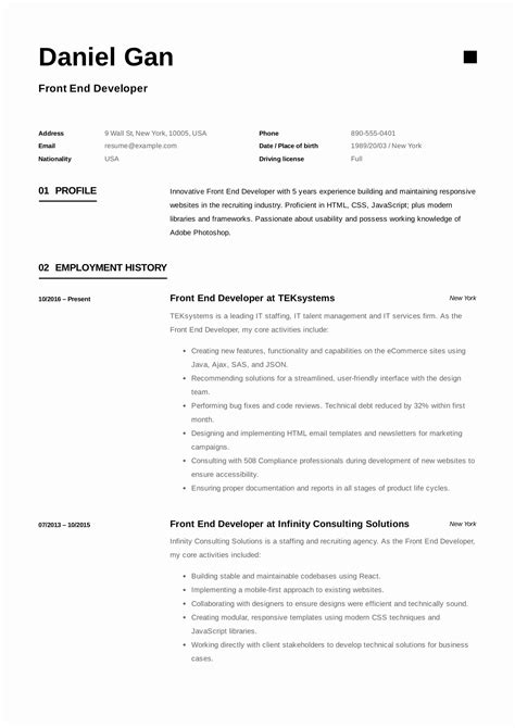 front  developer resume template   resume examples