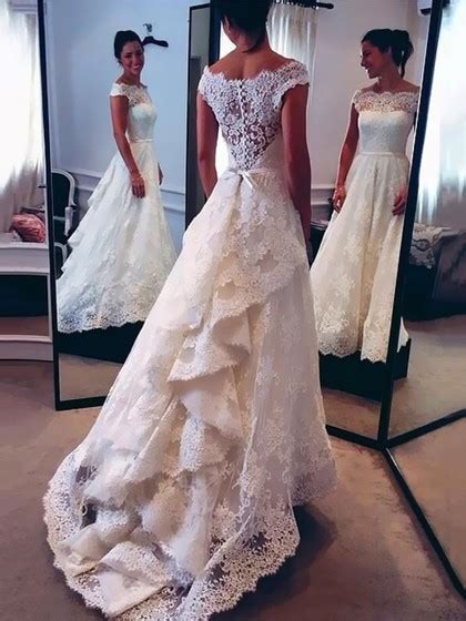 scalloped neck lace watteau train sashes ribbons elegant wedding dresses milly