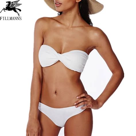 bandeau swimwear women swimsuit white solid bikini set plus size