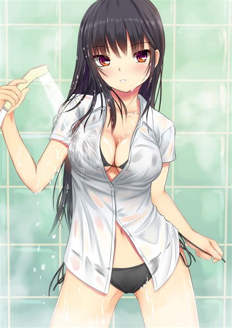bikini original characters wet clothing bathroom anime girls open
