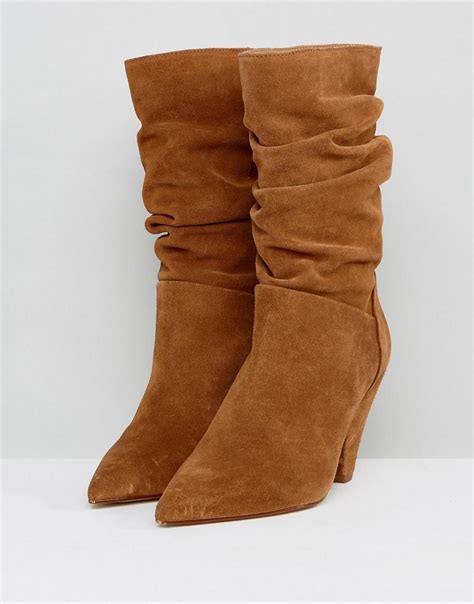 asos cianna suede slouch cone heel boots  brown lyst