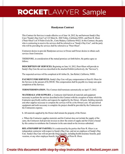 handyman contract agreement form template  sample