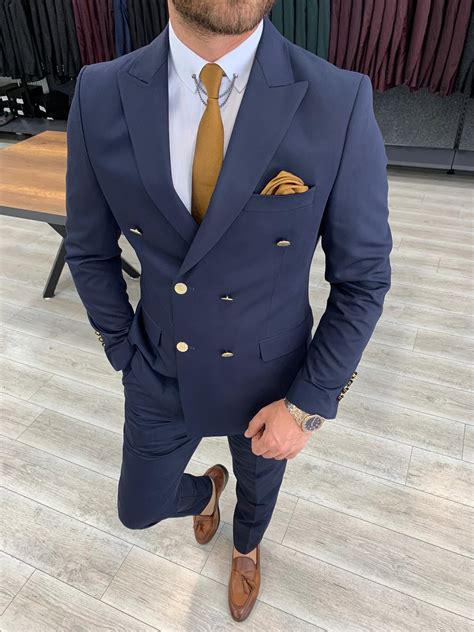 buy navy blue slim fit double breasted suit  bespokedailyshop