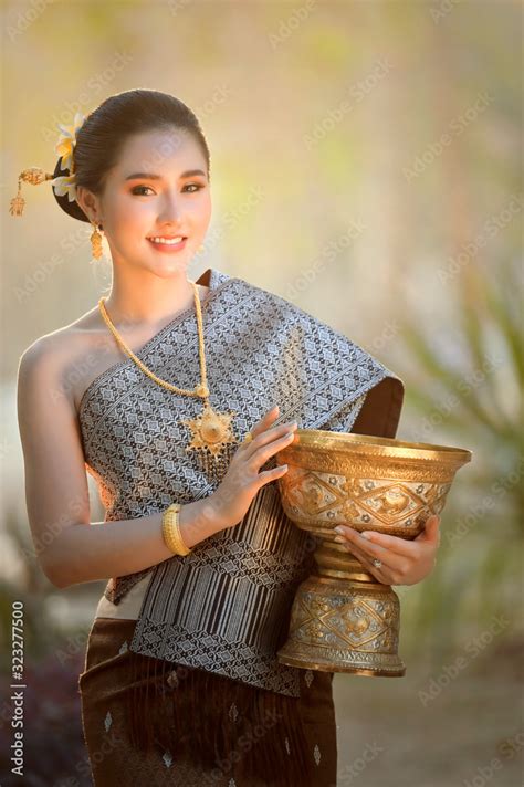 Woman Wearing Laos Traditional Dress Costume Vintage Style Laos Girl