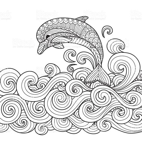 hand drawn dolphin  scrolling sea wave  coloring book  adult