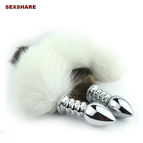 stainless steel faux white fox tail metal anal plug anal sex toys for