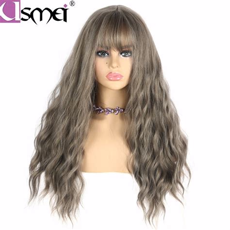 usmei hair thin bangs long gray natural wave wig synthetic