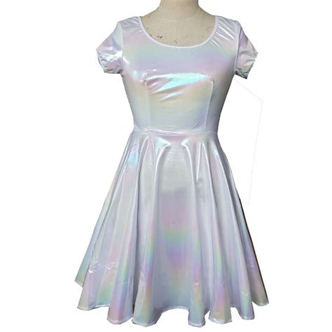 white rainbow holographic skater dress women music