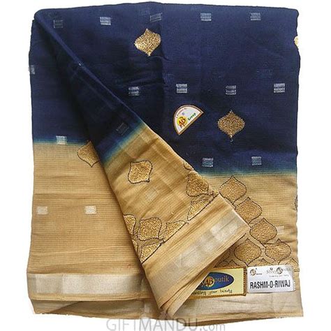 fancy cotton silk saree thread jari embroidery navy blue shaded