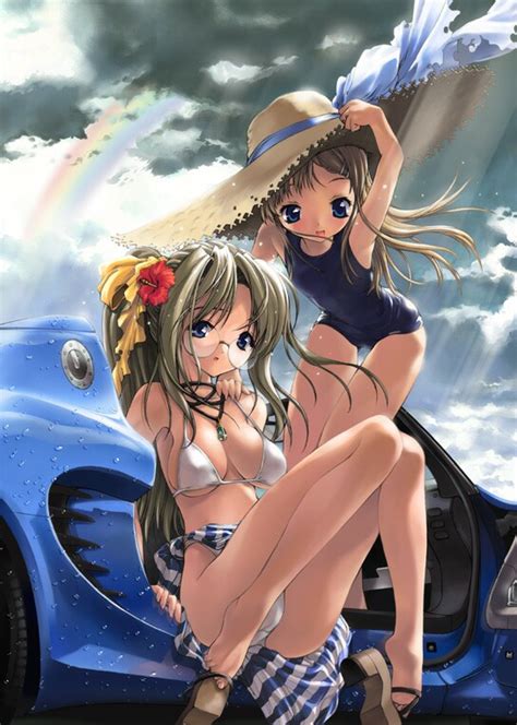 xbooru 2girls anime barefoot bent over bikini blonde hair blue eyes breasts brown hair car