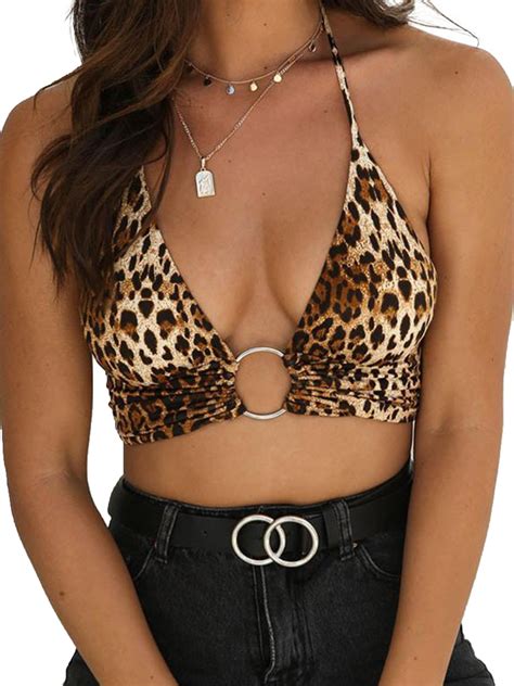 Women Leopard Printed Sexy Halter Crop Top Women Backless Sequins Metal