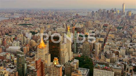 aerial drone footage  york city skyscrapers modern manhattan dusk
