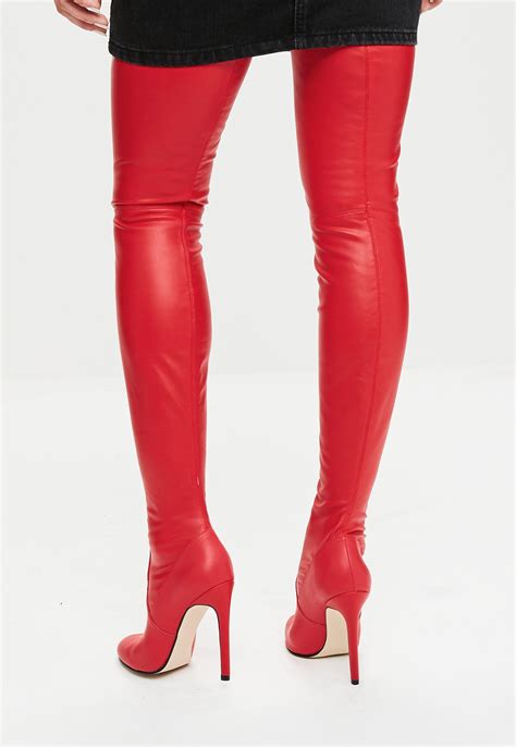 missguided red rounded toe thigh high faux leather boots in red lyst