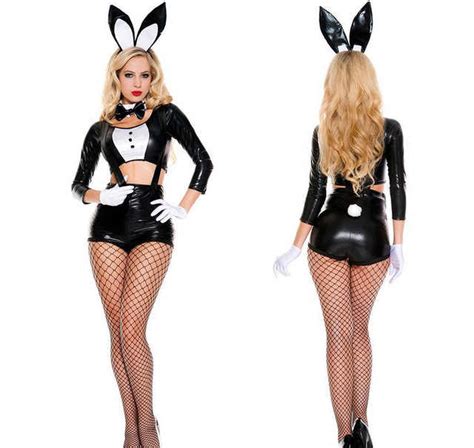 Sexy Black Faux Leather Wet Look Bondage Bunny Top Sling Pants Costume