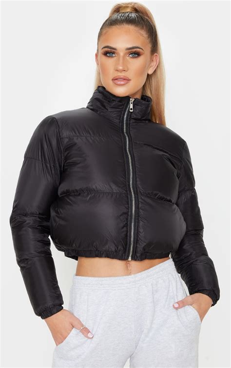 black cropped bubble puffer jacket prettylittlething